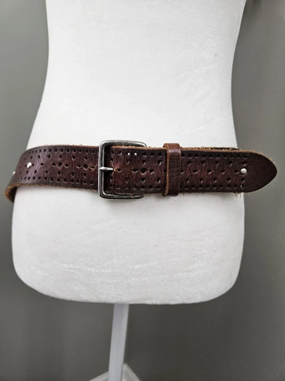 Boho Western Chocolate Brown Perforated Tooled Silver Stud Leather Belt